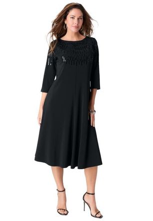 Roaman's Plus Size 3/4 Sleeve Embellished Boatneck Dress in Black at Nordstrom, Size 32