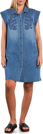 Wash Lab Denim Sundrift Embroidered Faded Cotton Blend Denim Shirtdress in Vintage Denim at Nordstrom, Size X-Small