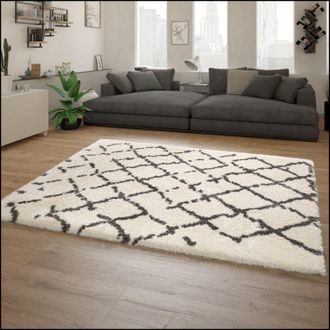 Paco Home Paco Home - Alfombra Pelo Largo Mullida Moderna Shaggy Flokati Motivo Rombos Blanco Gris 160x230 Cm
