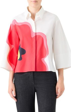 Akris Abstract Floral Three Quarter Sleeve Button-Up Shirt in Cream-Multicolor at Nordstrom, Size 10