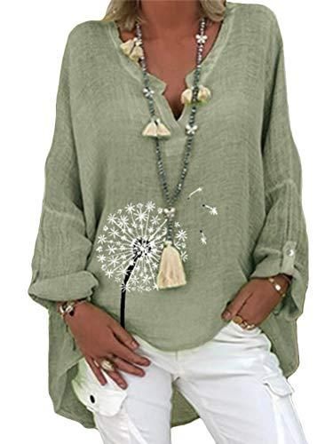 ORANDESIGNE T-Shirt Femme Grande Taille Chic Pissenlit Imprimé Lin