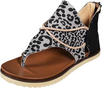 Generic Women Fashion Sandals Color Block Print Design Comfortable Flat Sole Back Zipper Closure Versatile Everyday Casual Footwear (Grey, 5.5)