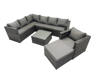 Fimous Patio Furniture Sets with Corner Sofa Chair Coffee Table Big Footstool in Dark Grey