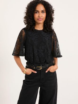 Fat Face FatFace Claudi Black Lace Round Neck Blouse