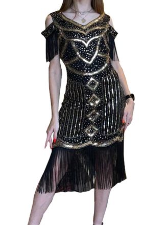 Angel Fashions Womens 1920s Flapper Fringed Sequin Dress Beaded Fancy Dress Gatsby Costume V Neck Vintage Tassel Dress Small Black