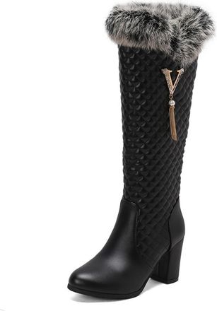 Generic Womens Chunky High Heel Knight Boots Round Toe Knee High Boots with Tassel PU Leather Winter Boot with Side Zipper,Black,10.5 UK