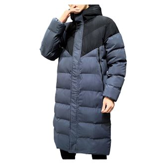 Generic Mens Down Jacket Knee-length Color Block Hooded Puffer Coat Casual Loose Fit Warm Puffer Jacket