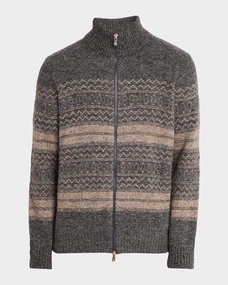 Brunello Cucinelli Men & apos;s Geometric Stripe Full-Zip Cardigan