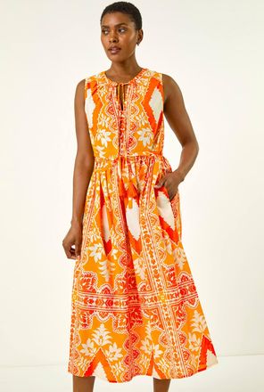 Roman Abstract Tie Neck Midi Dress