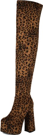 Generic Womens Faux Suede Over The Knee Boots with Side Zipper Round Toe Thigh High Boots Block High Heel Platform Long Boot,Brown,3.5 UK