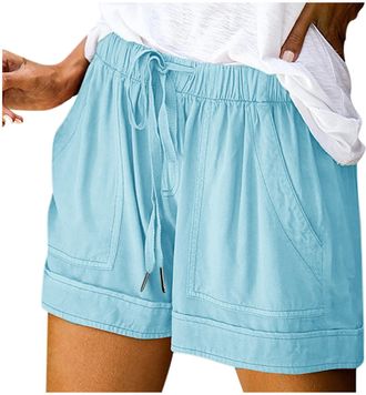 Generic Shorts for Women UK High Waist Elastic Ladies Short Pants Solid Color Summer Shorts Breathable Casual Clothes with Pockets Women,Light Blue,M
