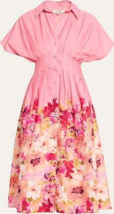 Badgley Mischka Pleated Floral-Print Midi Shirtdress