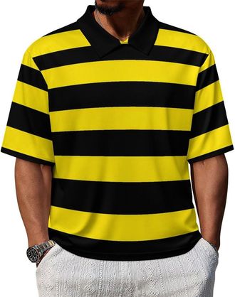 Generic Yellow Black Striped Golf Polo Shirts for Men Short Sleeve Tennis Shirt Casual Sport T-Shirts 4XL