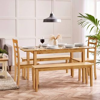 Furniturebox Salcombe Extending Oak Effect Table with 2 Chairs & 2 Large Benches in Brown