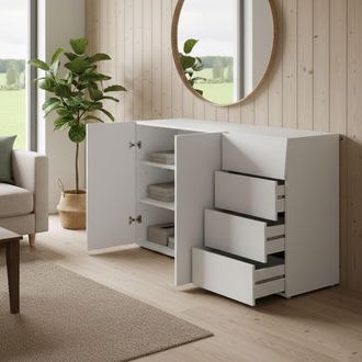 Dmora Dmora - Aparador Dmogno, Aparador De Cocina Con 2 Puertas Y 4 Cajones, Buffet De Sal&oacute;n, 100% Made In Italy, Cm 124x40h82, Blanco Brillo