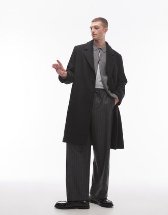 Topman relaxed single breasted overcoat in black