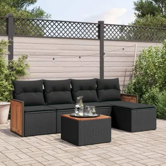 vidaXL Vidaxl - Set De Sof&aacute;s De Jard&iacute;n 6 Piezas Y Cojines Rat&aacute;n Sint&eacute;tico Negro