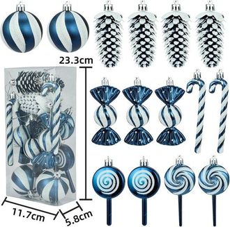 OEM Set Di Decorazioni Natalizie, 20 Pezzi, In Plastica, A Forma Di Pigne E Bastoncini Di Zucchero, Con Ciondoli A Forma Di Lecca-lecca E Cordino, Blu Scu