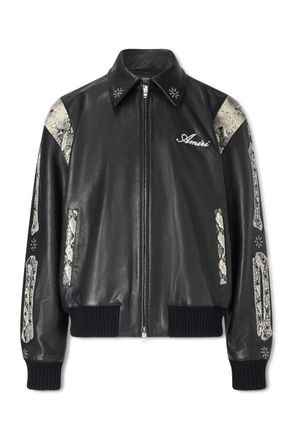 Amiri Bones Snake-Effect Panelled Studded Logo-Embroidered Leather Jacket