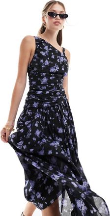 Asos asymmetric cross strap midi dress in dark floral-Multi