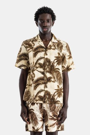 Moncler Mens Sepia Palm Print Cotton Linen Short Sleeve Shirt