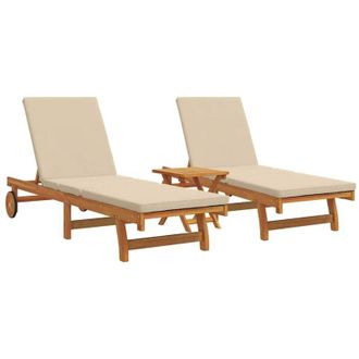vidaXL Tumbonas Con Ruedas De Vidaxl, 2 Piezas, Con Mesa Y Coj&iacute;n De Madera De Acacia Maciza