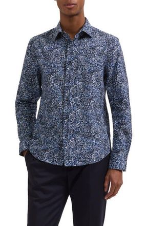 Bugatchi Julian Shaped Fit Abstract Paisley Print Cotton Button-Up Shirt in Navy at Nordstrom, Size Xxx-Large