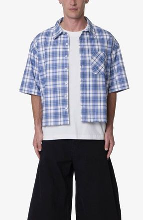 mnml Plaid Crop Short Sleeve Cotton Flannel Button-Up Shirt in Blue at Nordstrom, Size Xx-Large