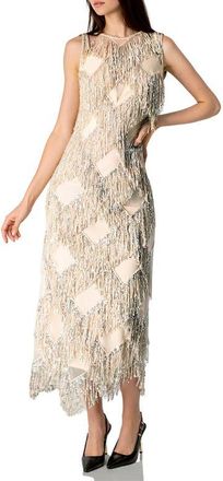 Ivonne Deco Shimmer Fringe Midi Dress in Silver at Nordstrom, Size 10
