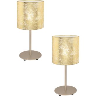 Loops 2 PACK Table Lamp Champagne Slim Stem Round Base Shade Gold Fabric E27 1x60W