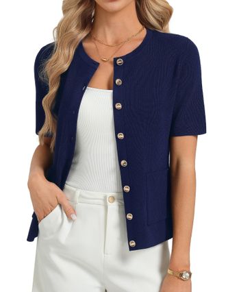 Grace Karin Womens Short Sleeves Solid Knit Cardigan Round Neck Button Tops with Pockets Navy Blue XL