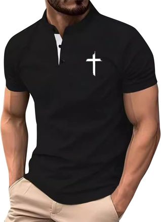 Generic DENGJIAMY Christian Polo Shirts for Men Trendy Button Golf Tshirts Summer Retro Cross Graphic Tee Short Sleeve Casual Collar Business Tops Mens Tees (