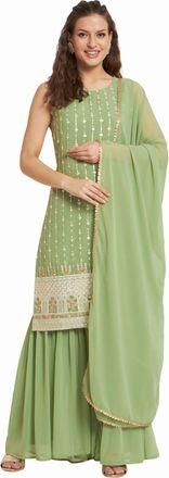 Shopping Queen Womens Georgette Embroidery Straight Kurta and Sharara Set, Pista, 3XL