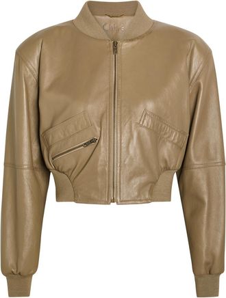Chlo&eacute; Sculpted Leather Cropped Bomber Jacket - Brown - 40 (UK12 / M)