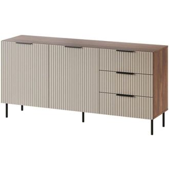 Dmora Credenza Monzuno, Madia da salotto con due ante battenti e tre cassetti, Rialzato da terra, 156x42 h75 cm, Noce e Beige