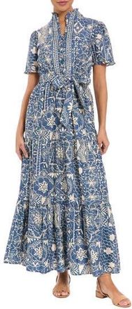 London Times Ruffle Tiered Tie Waist Maxi Dress in Denim Blue/Soft White at Nordstrom Rack, Size 16