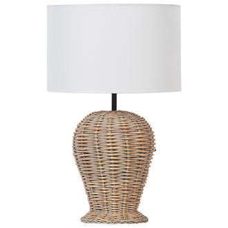 Beliani L&aacute;mpara De Mesa De Rat&aacute;n Con Pantalla De Tela Blanca Estilo Boho Natural Color Claro Furelos