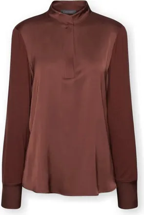 Elena Miro Overhemden, Dames, Bruin, XL, Satijn, Viscose T-shirt met mandarijnkraag
