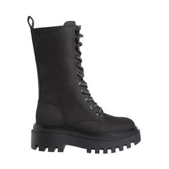 Calvin Klein Jeans Zwarte Veters Flatform Enkellaarzen - Dames - Veterlaarzen - Zwart - 41 EU - Leer - Schoenen