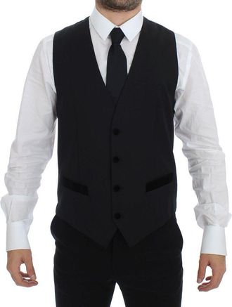 Dolce & Gabbana Mens Black Wool Vest Velvet Accents - Size EU 48 (Mens)