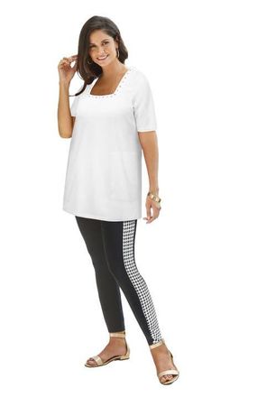 Jessica London Stretch Cotton Studded Square Neck Tunic in White Silver Stud at Nordstrom, Size Medium