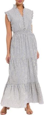 London Times Stripe Ruffle Neck Sleeveless Tiered Maxi Dress in Persian Jewel at Nordstrom Rack, Size 14P