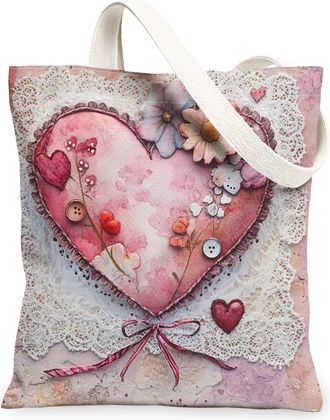 Generic Floral Heart Canvas Tote Bags, Vintage Flower Pattern Reusable Grocery Bags, Lightweight Washable Shoulder Strap Canvas for Travel Outdoor Beach Picni