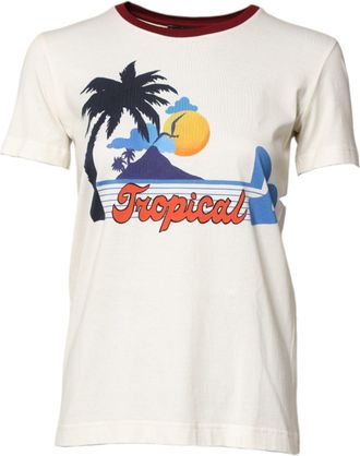 Dolce & Gabbana Womens Tropical Print Tshirt - Ivory Cotton - Size EU 32 (Womens)