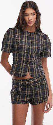 Lioness Femme - Blusa blu navy a quadri color limone con bottoni e maniche a sbuffo in misto cotone in coordinato-Multicolore