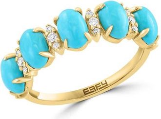 Effy 14K Yellow Gold Alternating Diamond & Turquoise Cabochon Band Ring in 14K Gold at Nordstrom, Size 7