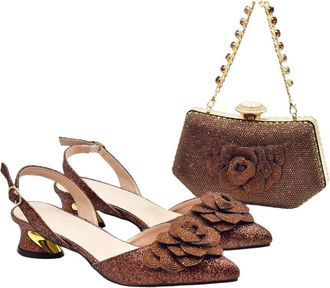 Generic Womens Elegant Rhinestone Decoration Heeled Shoes with Matching Bag for Party Office Brown