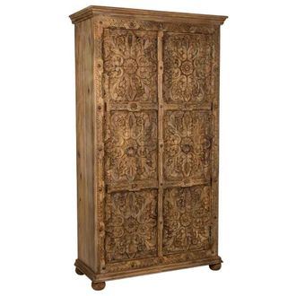 Wanderlust Deco Armario de madera labrada de 2 puertas acabado artesanal marron