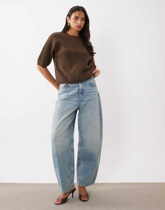 Pretty Lavish top a maniche corte in maglia a coste con girocollo color cioccolato-Marrone