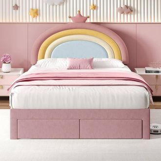 Merax 4ft6 Double Upholstered Bed with Adjustable Rainbow Crown Headboard in Pink